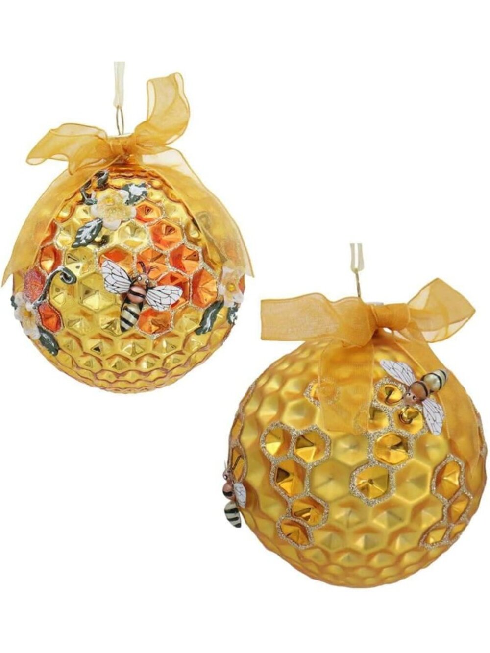 Set of 2 Bumblebee Honeycomb Glass Christmas Tree Ornaments, Holiday Decor